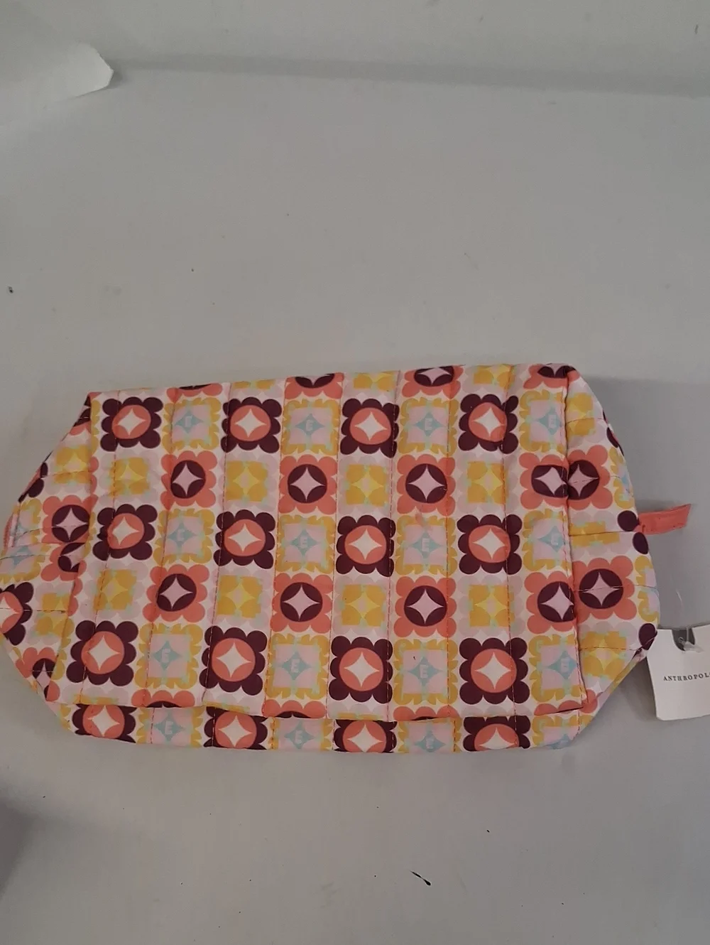 NWT Anthropologie Geometric Print Quilted Cosmetic Bag - Pink/Yellow